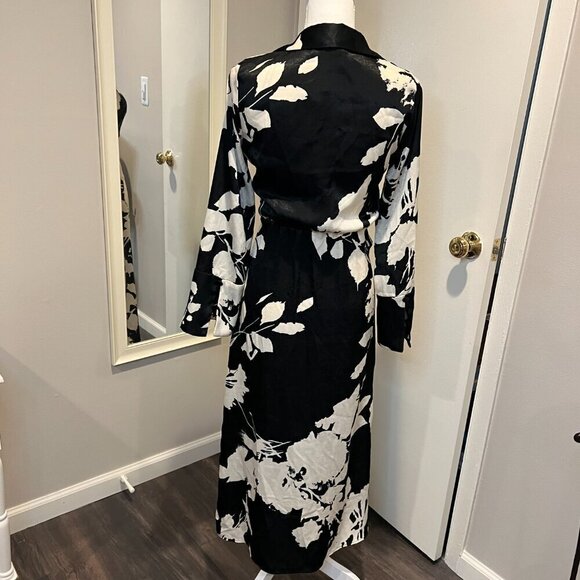 Zara Black & Off White Satin Effect Wrap Floral Print Midi Dress, Size XS - Picture 9 of 16